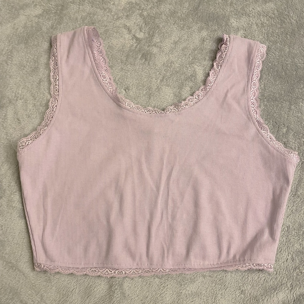 shein lilac rib-knit, lace-edge, cropped tank top